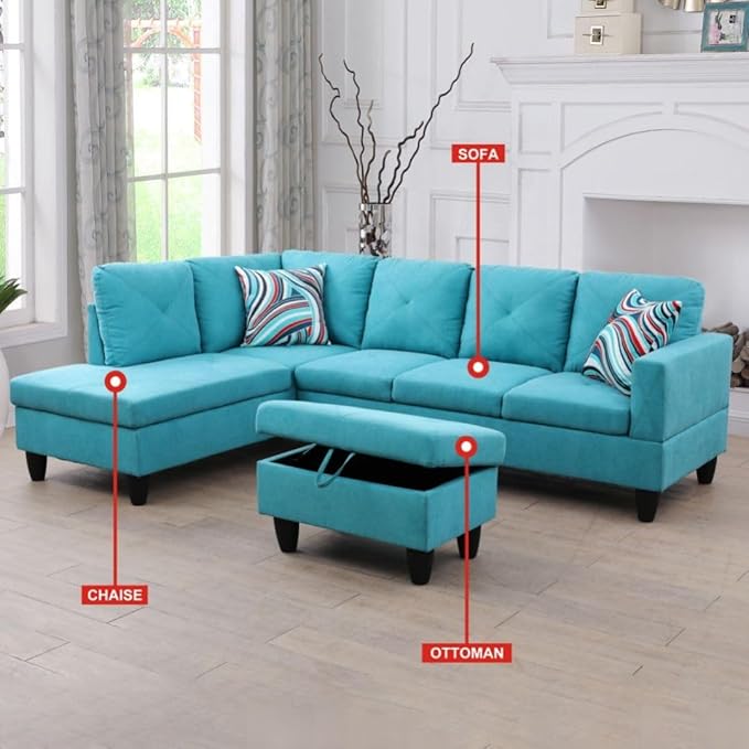 Light Blue L-Shaped 3-Piece Linen Sofa - Image 4