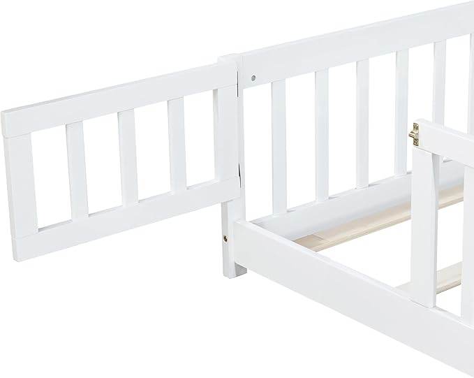 Twin Floor Bed Frame with Slats and Safety Guardrail, Wood Twin Size Montessori - Image 7