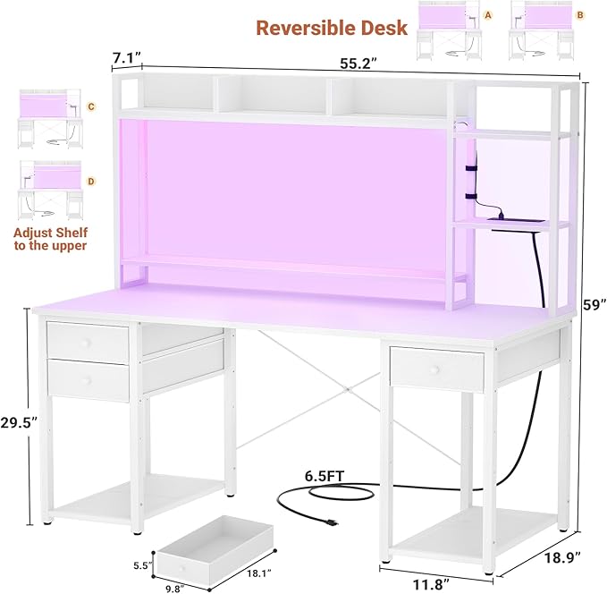 Aheaplus LED Gaming Desk with Hutch, 55.2" Workstation - Image 3