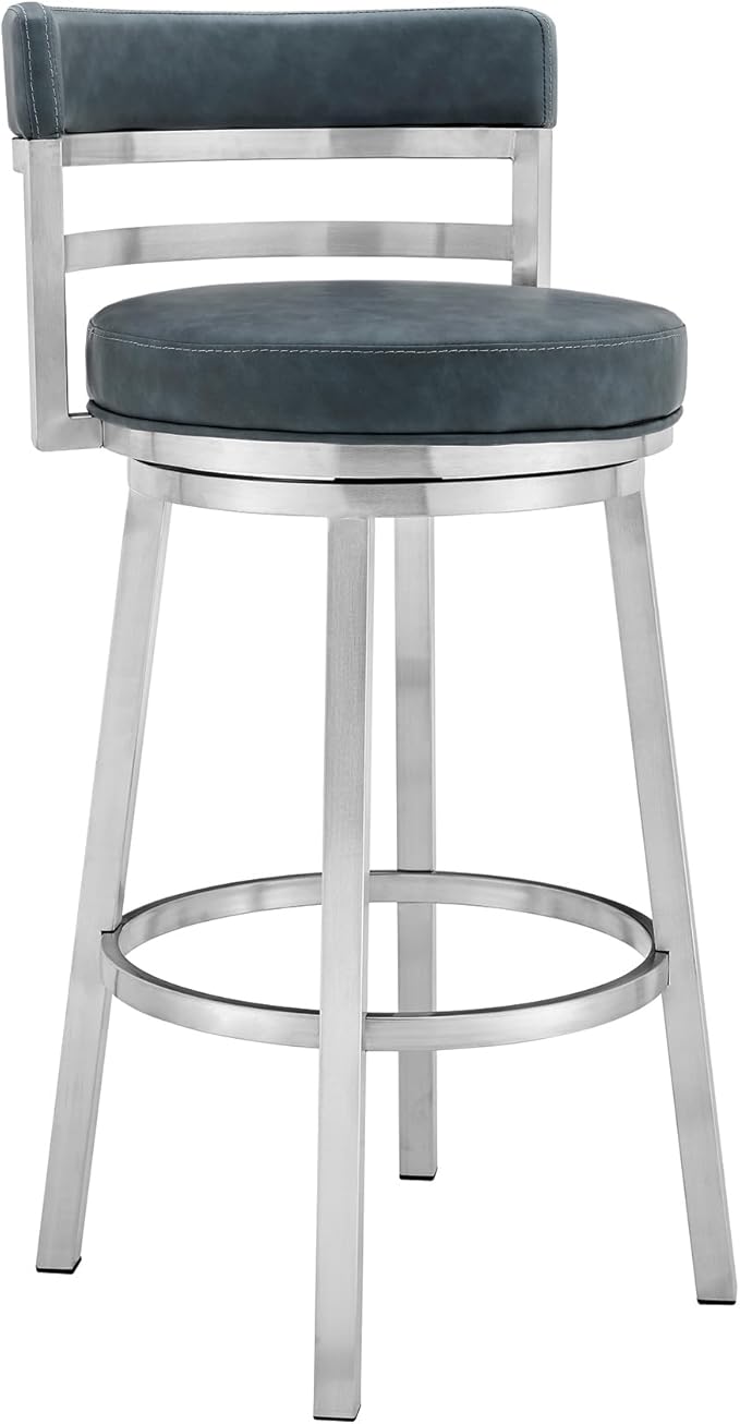 Armen Living Madrid 26" Seat Height Swivel Modern Blue Faux Leather and Brushed by ArmenLiving