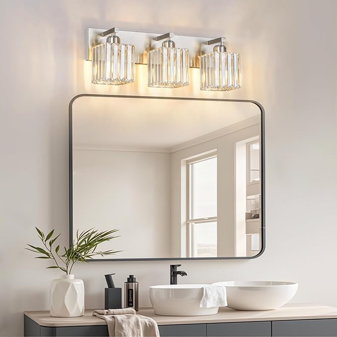Modern Vanity Light 3-Lights Brushed Nickel Vanity Light Crystal Bathroom Wall - Image 8