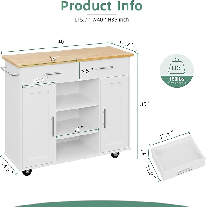 Shintenchi Kitchen Island with Storage, Kitchen Island Cart on Wheels with 3 - Image 3