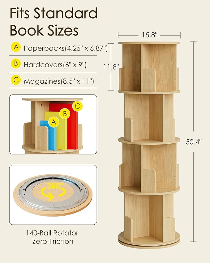 Masupu Rotating Bookshelf, Tall 4 Tier Rotating Spinning Bookshelf Tower - Image 2