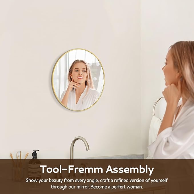 12 Inch Gold Round Bathroom Mirror Circle Wall Mirrors Brushed Metal Frame - Image 5