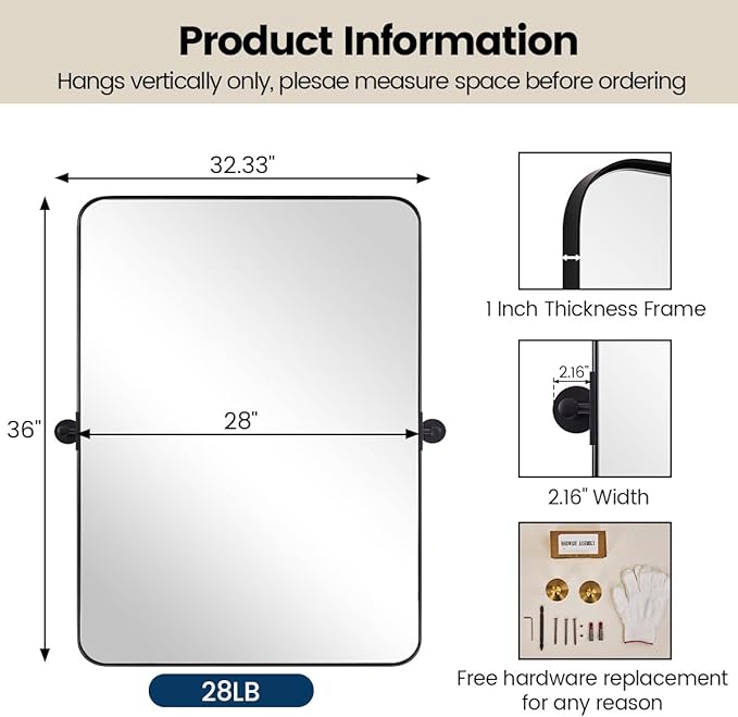 MOON MIRROR Matte Black Pivot Mirror Bathroom, Bathroom Tilt Rounded Rectangular - Image 3