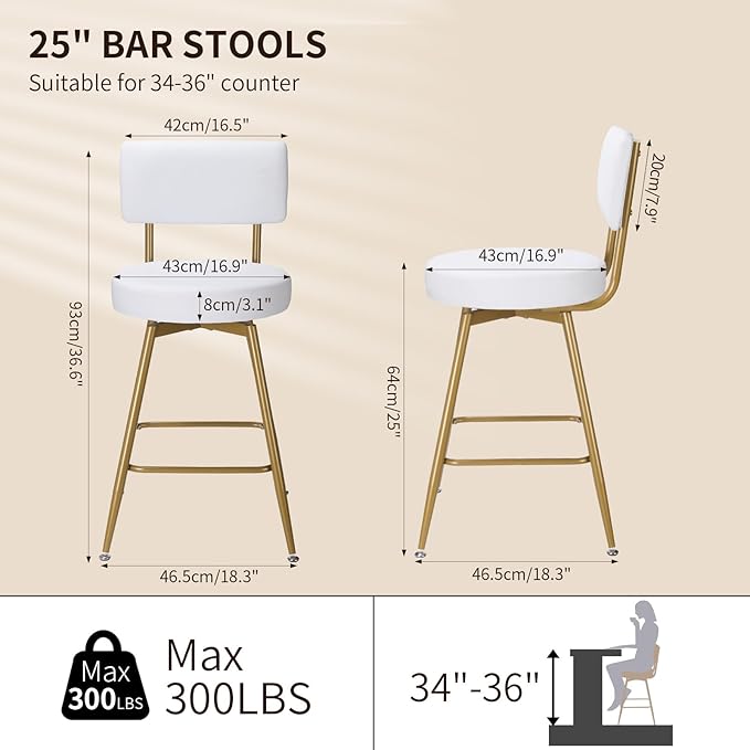 Gold White Bar Stools Set of 2, Modern Counter Height Bar Stools - Image 2