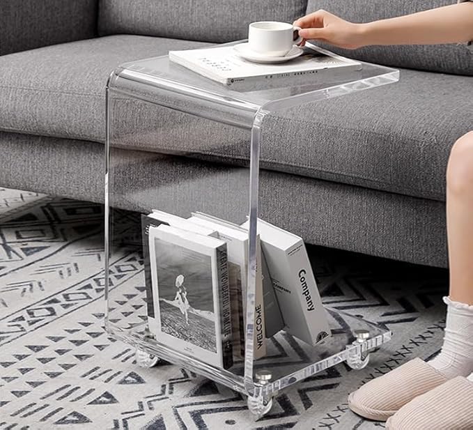 ONELUX Mobile C Shaped End Table, Acrylic Sofa Side Table, Snack Table On Wheels - Image 8
