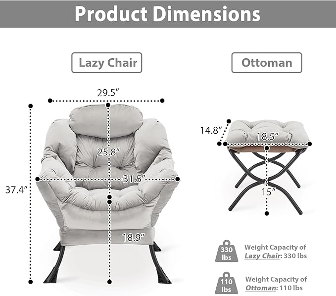 Lazy Chair with Folding Ottoman, Accent Chair Velvet Upholstered with Metal - Image 3