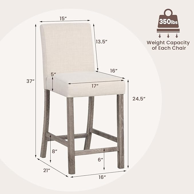 COSTWAY Upholstered Counter Height Stools Set of 2, Bar Stools w/Ergonomic - Image 3