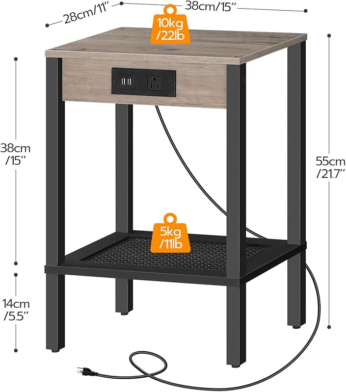 HOOBRO Side Table with Charging Station, Nightstand with 2-Tier Storage Shelf - Image 3
