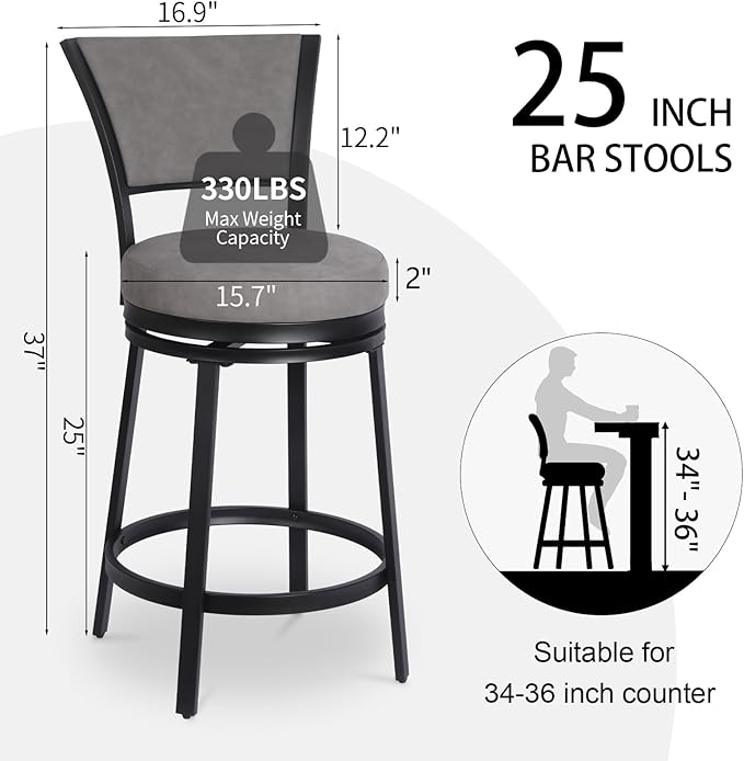 Bar Stools Set of 2, 25 Inch Metal Counter Height Bar Chairs, Modern Faux - Image 3