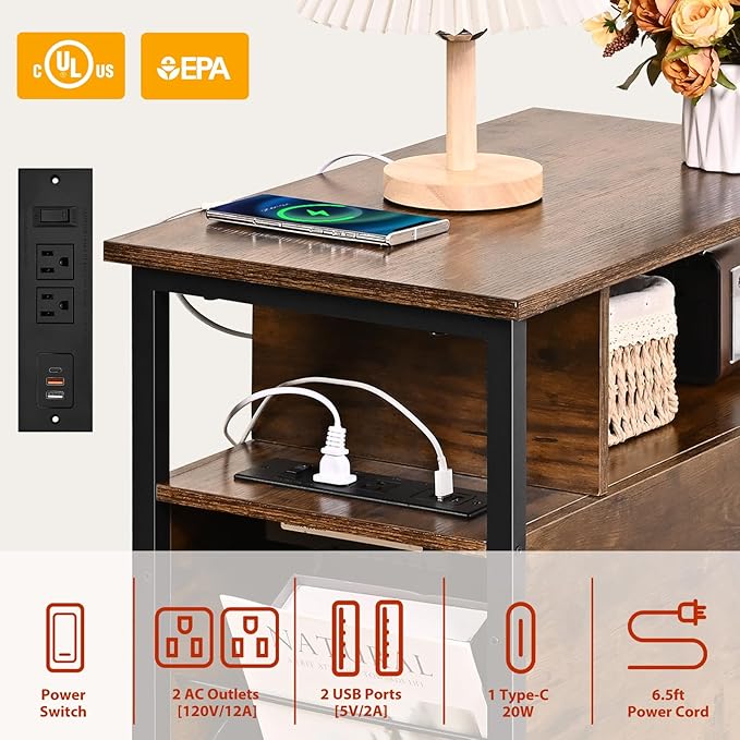 Side Tables with Charging Station, Narrow End Table with 2 Wooden Drawers - Image 4