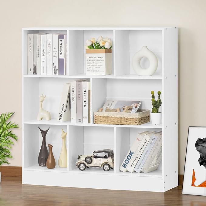 YAHARBO White 3 Tier Bookshelf, Wide Modern Horizontal Bookcase, Wood Low Book by YAHARBO