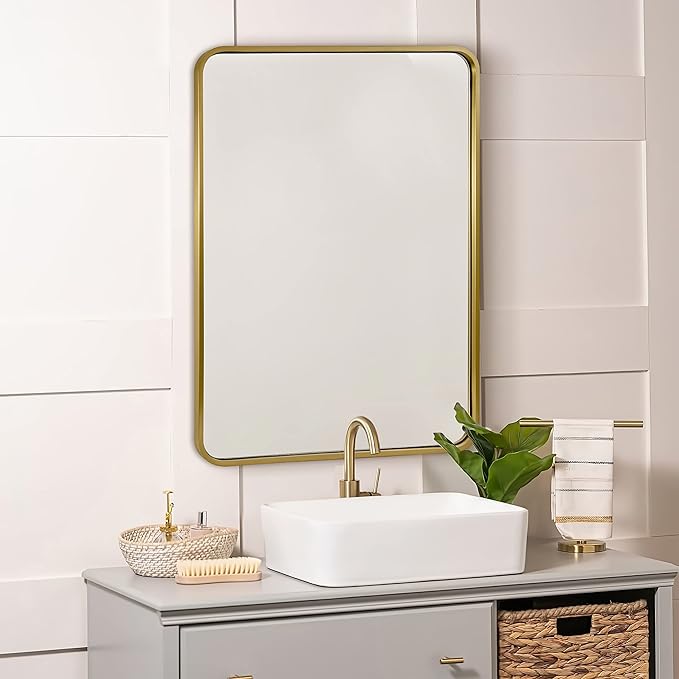 ANDY STAR Brass Mirror Bathroom, 22x30’’ Rounded Rectangle Mirror, Brushed Gold - Image 9