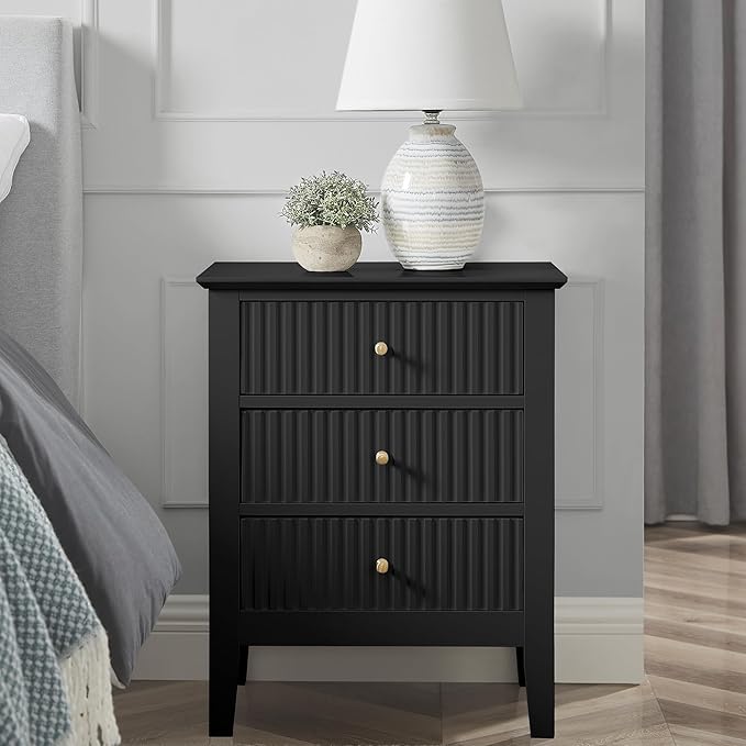 OCANDO Fluted Black Nightstand 19", 3 Drawers Night Stand, Bed Side End Table by OCANDO
