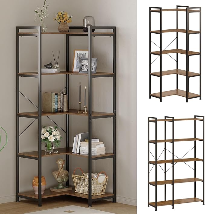 Tohomeor Bookshelf 5 Tier Deformable Corner Bookcase Free Standing Modern by Tohomeor