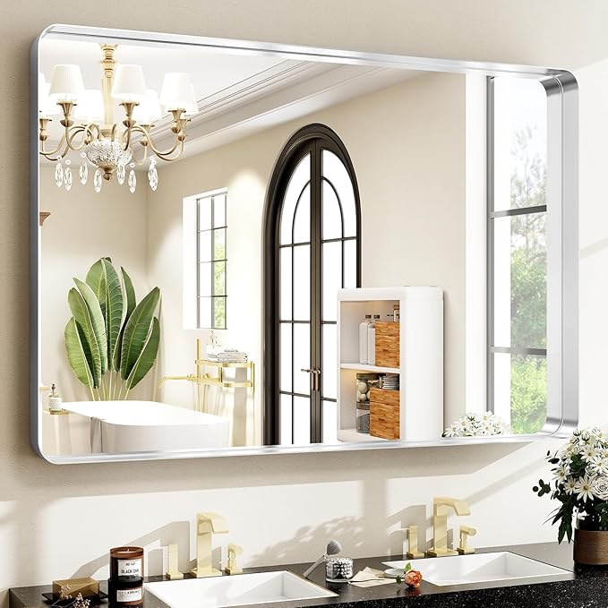Silver Bathroom Mirror for Wall, 40x30 Inch Rectangular Aluminum Alloy Framed - Image 3