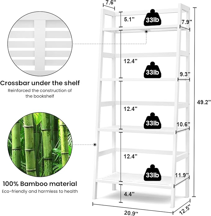 Homykic Bamboo White Bookshelf 4-Tier Ladder Shelf, 49.2” Freestanding Open - Image 3