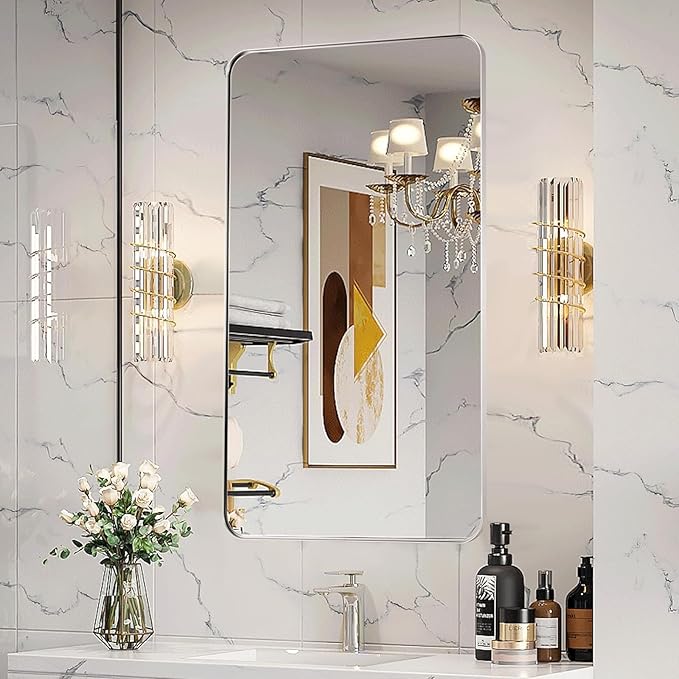 Brushed Nickel Bathroom Mirror, 24x40 Rounded Rectangle Mirror Modern Bathroom - Image 2