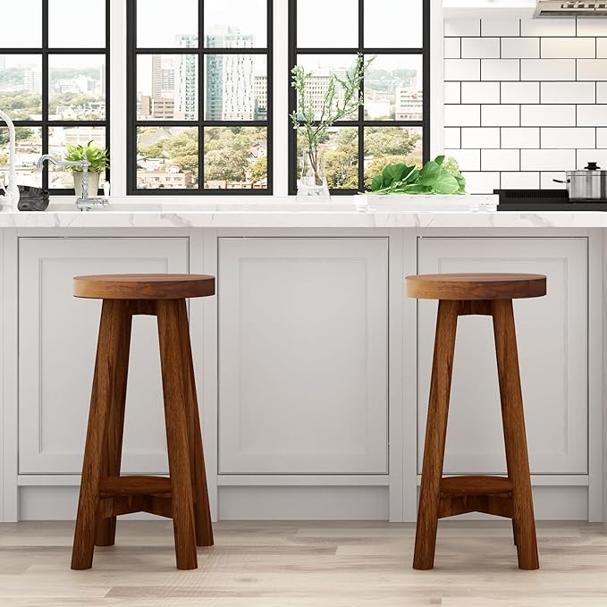 Bar Stool with Round Seat for Kitchen Island Counter, Solid Teak Wood Barstool - Image 2