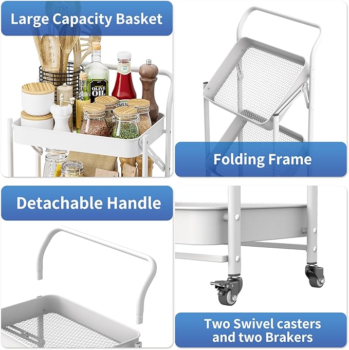JAQ Foldable Rolling Cart, 3-Tier Metal Small Folding Storage Utility Carts - Image 7