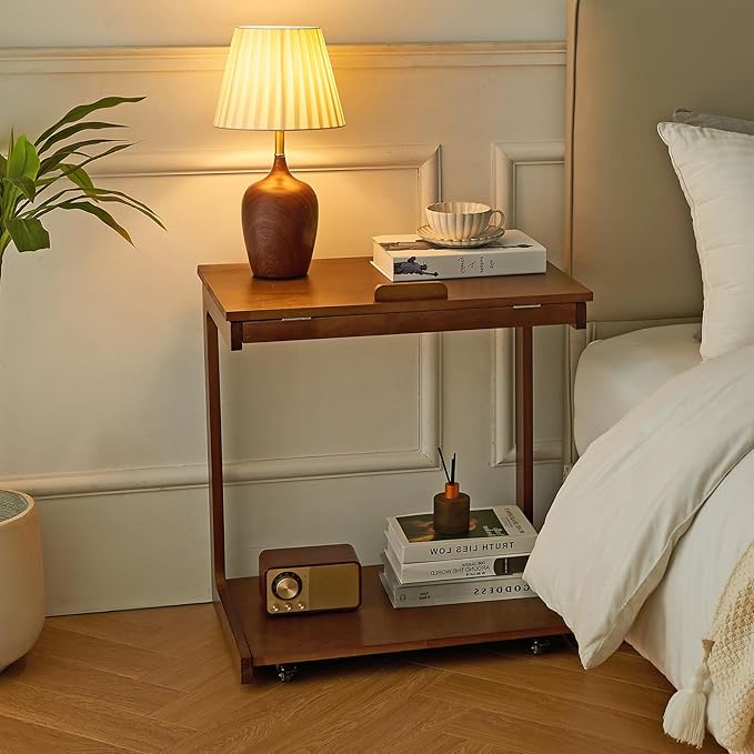 CozyDH Adjustable C Shaped End Table, Rolling Side Table Solid Wood TV Sofa - Image 8