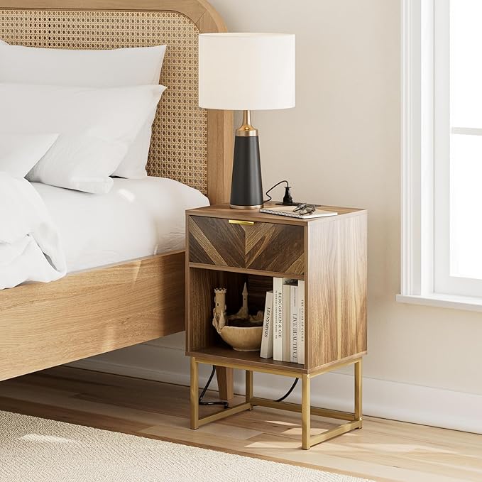 Masupu Nightstand with Charging Station, Modern Night Stand Boho Farmhouse Wood - Image 7