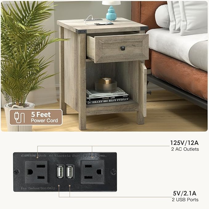 Rustic Nightstand with Charging Station, Night Stand with Barn Door and Drawer - Image 4