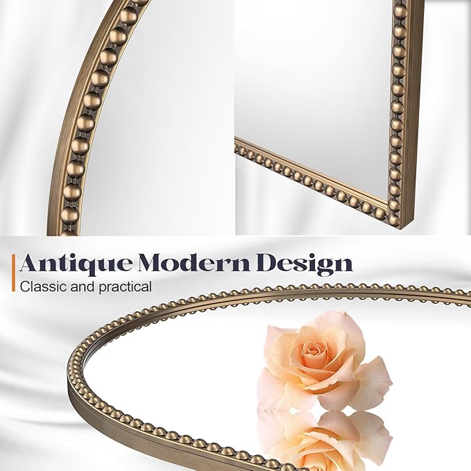 Beaded Arched Mirror for Wall, Retro Brass Metal Frame Decorative Mirror for - Image 6