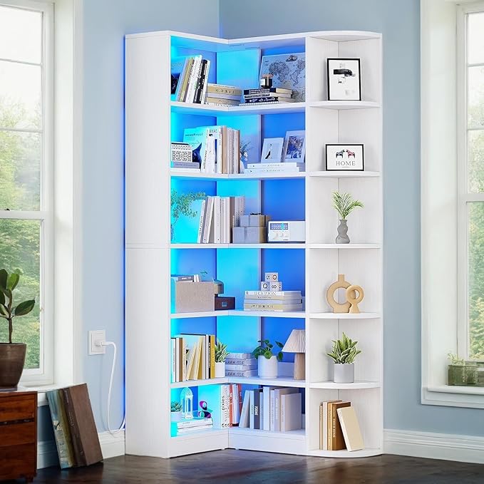 YITAHOME Corner Bookshelf with LED Light, 6 Tier Corner Shelf White Bookshelf - Image 4