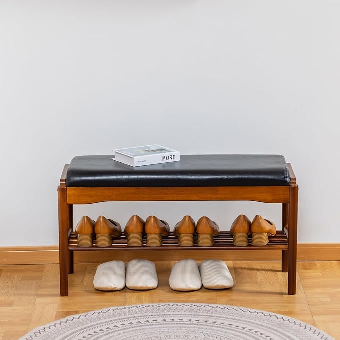 Shoe Bench, Entryway Bench, Wood 2-Tier Shoe Rack - Image 3
