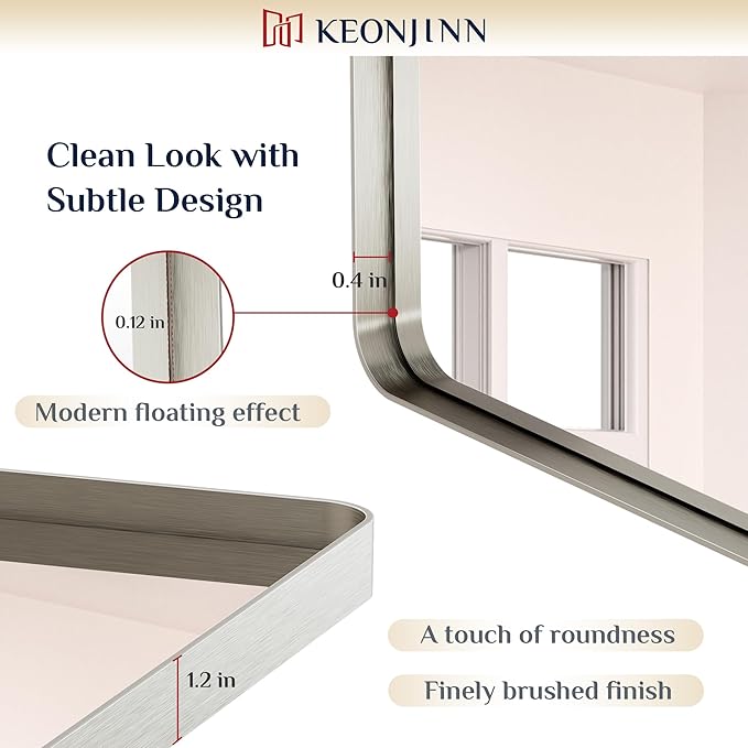 Keonjinn 48 x 36 Brushed Nickel Bathroom Vanity Mirror, Large Rounded Rectangle - Image 3