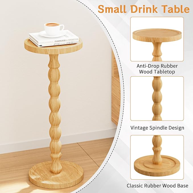 Solid Wood Drink Table, Rubber Wood‌ Small Round Side Table - Image 5
