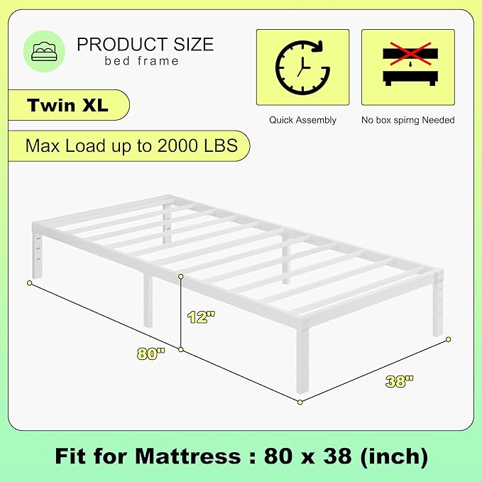 12 Inch Twin XL Bed Frames, Heavy Duty Metal Bed Frame Twin XL, No Box Spring - Image 2