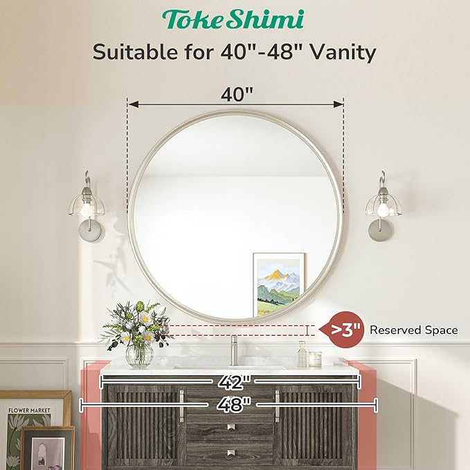 TokeShimi 40 in Tempered Bathroom Vanity Mirror Round Brushed Nickel Bathroom - Image 2