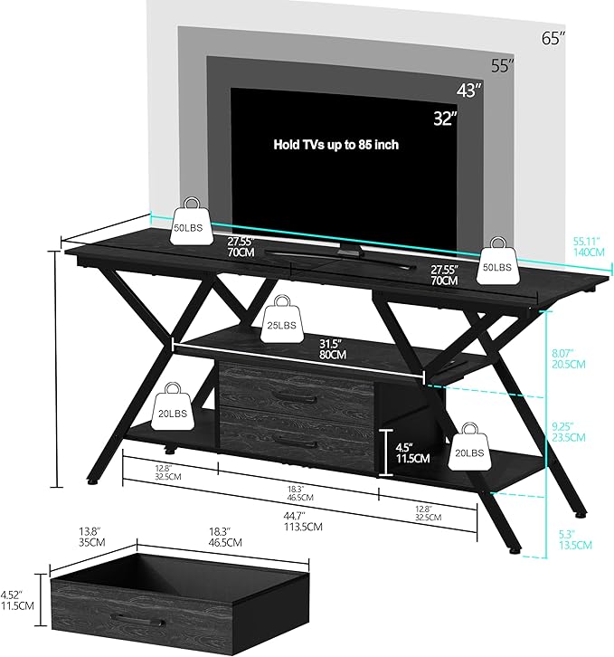 TV Stand with Power Outlet and LED Lights, Fits TVs up to 65”, 2 Fabric Drawers - Image 5