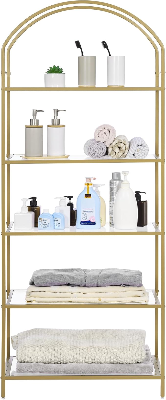 Homhedy Bookshelf Arched Display Racks, Metal Bookcase, Tempered Glass Shelves - Image 3