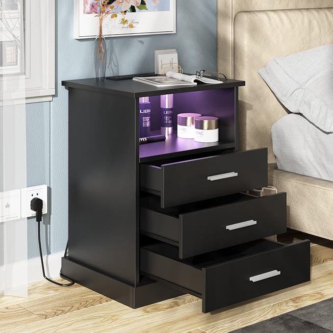 Black LED Nightstand with Charging Station, Side Table with 3 Drawers and Light - Image 4