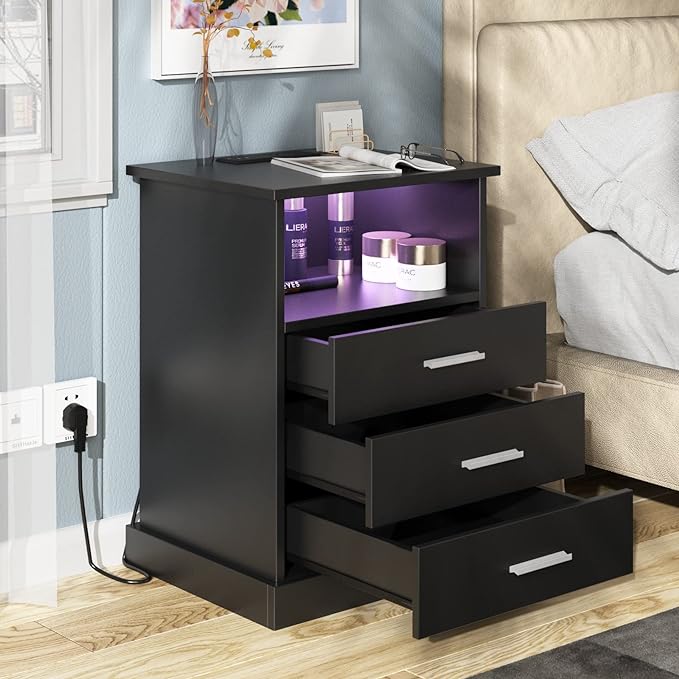 Black LED Nightstand with Charging Station, Side Table with 3 Drawers and Light - Image 4