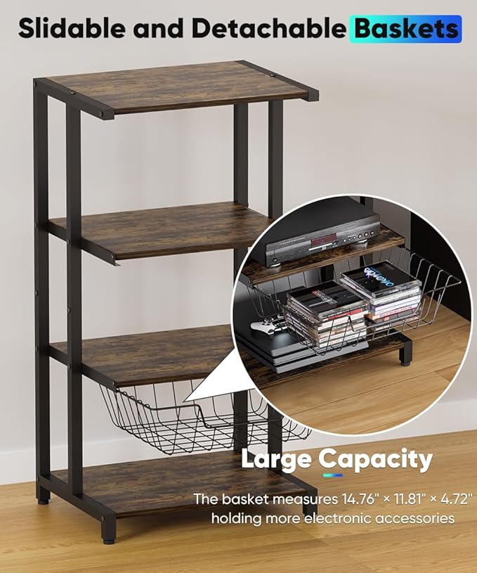 Media Stand with Detachable Baskets, 4-Tier AV Media Stand Corner Shelf - Image 5