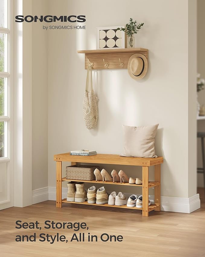 SONGMICS Shoe Rack Bench, 3-Tier Bamboo Shoe Storage Organizer, Entryway Bench - Image 3