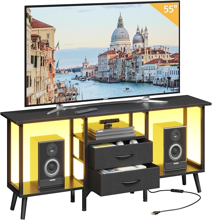 Small TV Stand with Fabric Drawers/LED Light by GYIIYUO