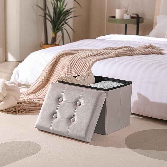 PRANDOM Ottoman with Storage Velvet Folding Small Square Foot Stool with Lid - Image 2
