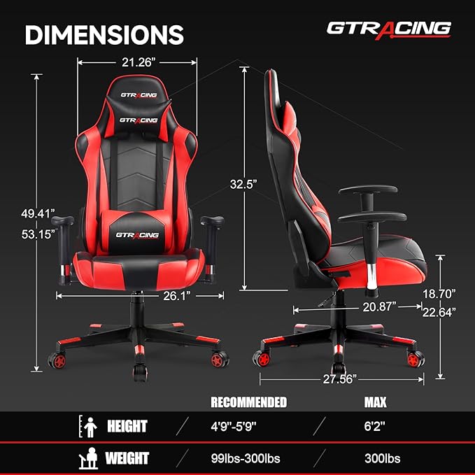 GTRACING Gaming Chair with Reclining Backrest, Adjustable Height and Swivel Base - Image 3
