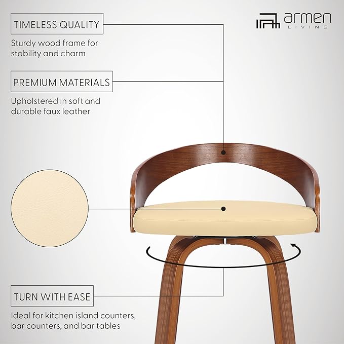 Armen Living Sonia 26" Counter Height Swivel Cream Faux Leather and Walnut Wood - Image 10