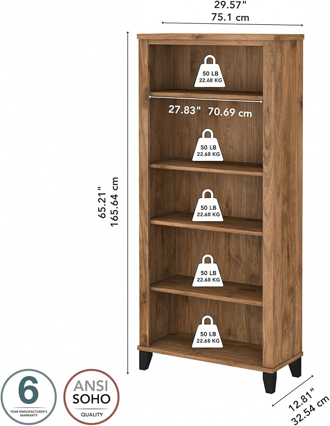 Bush Furniture Somerset 5 Shelf Bookcase in Fresh Walnut, Tall Bookshelf - Image 3
