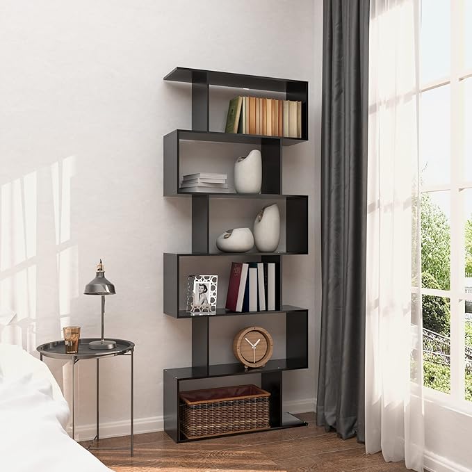 Yusong Bookshelf 6-Tier, Geometric Bookcase S Shaped Book Shelves - Image 8