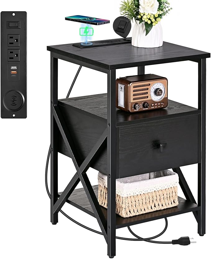 End Table with Wireless Charging Station, End Table with Wood Drawer, Night by Livofloral