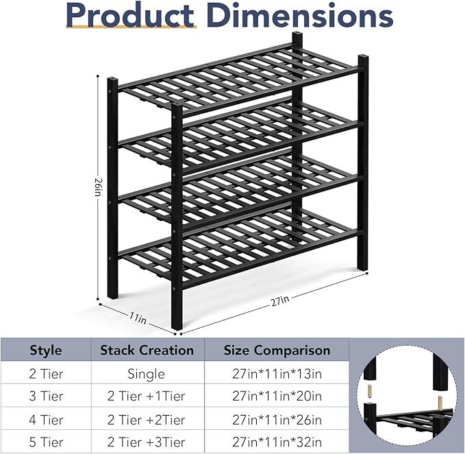 Haddockway 4 Tier Bamboo Shoe Rack Storage Organizer, Small Space 27"x11"x26" - Image 3
