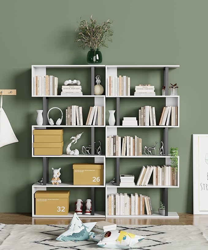 Gadroad 5 Tier Geometric Bookcase, S Shaped Bookshelf, Wood Decorative Storage - Image 2